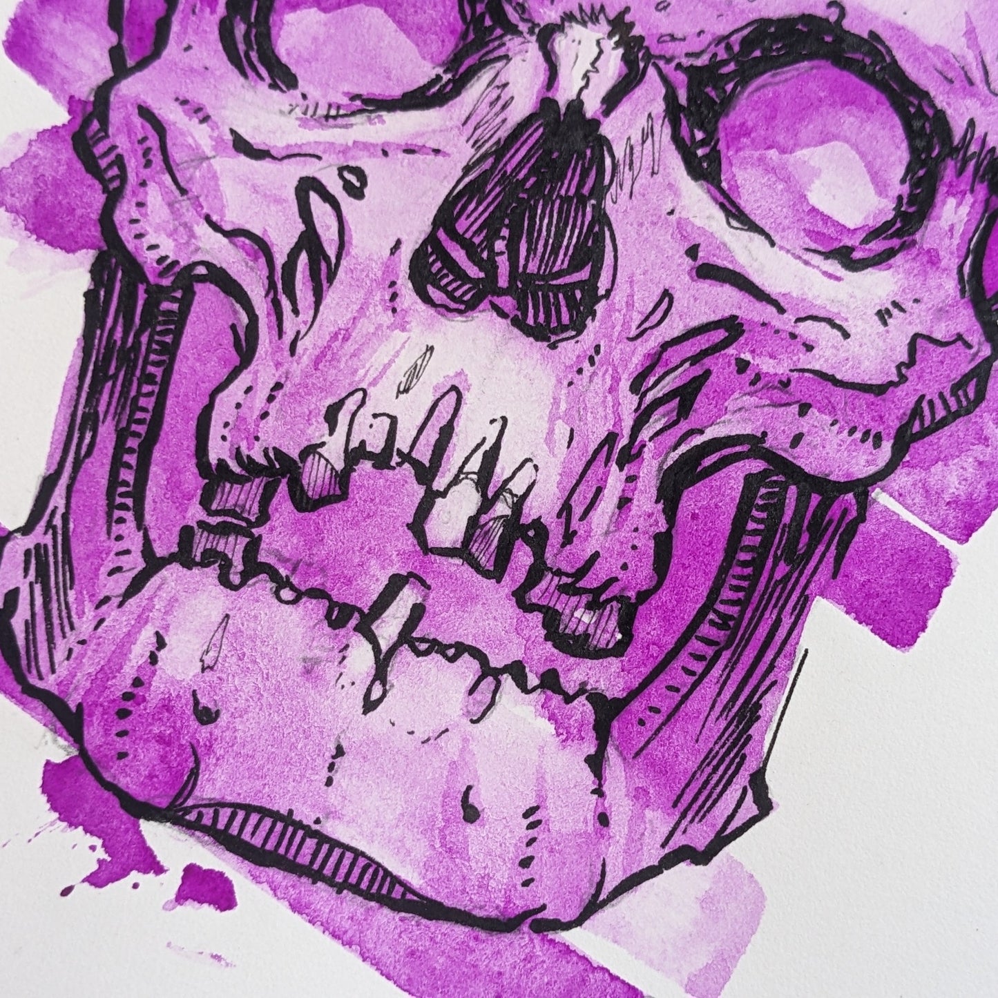 A5 Skull Purple Ink + Watercolour Original Artwork