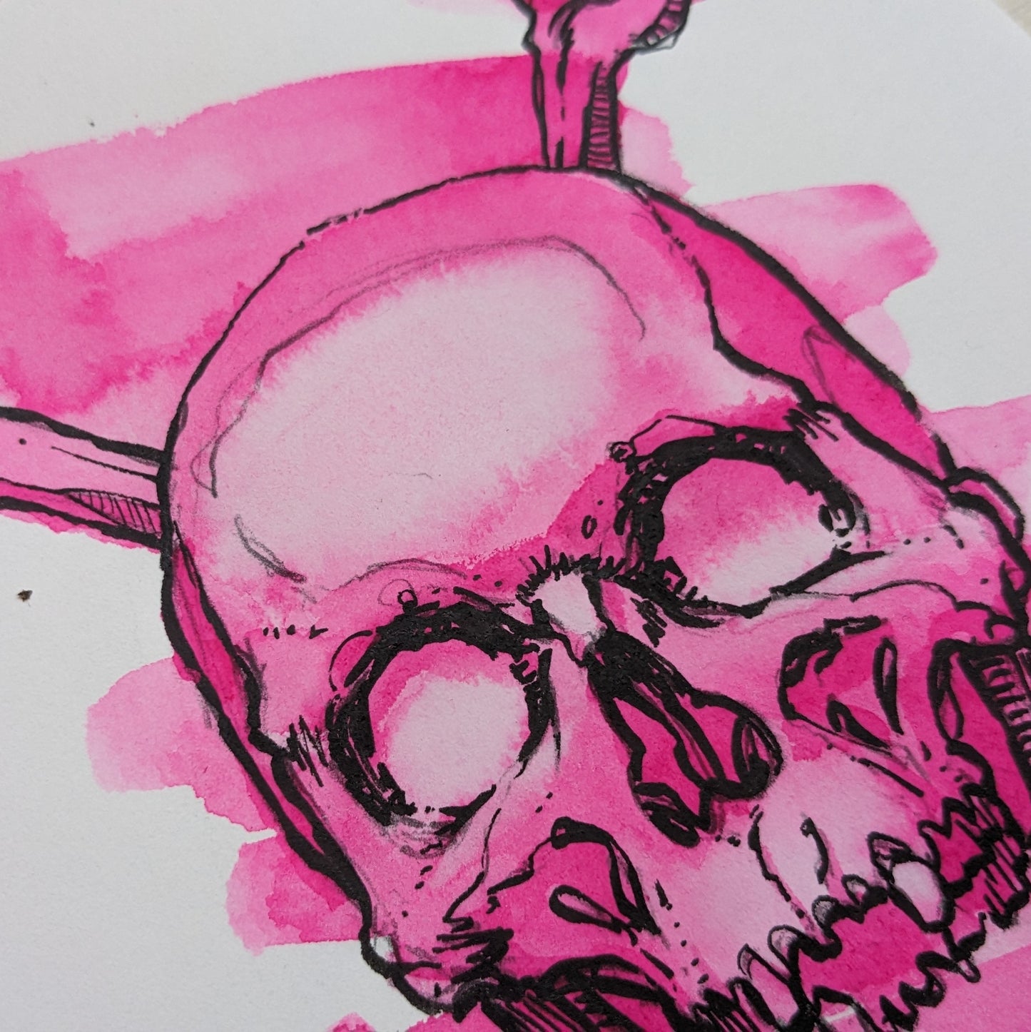 A5 Skull x Bones Pink Watercolour + Ink Original Artwork