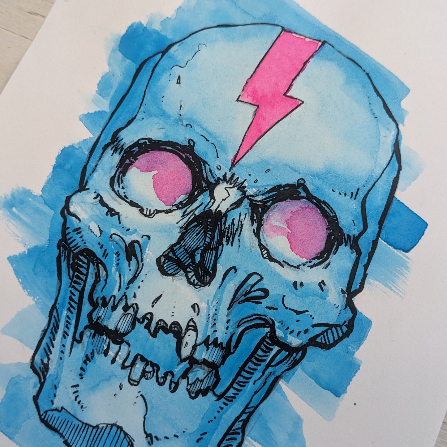 A5 Skull Pink Bolt Watercolour + Ink Original Artwork