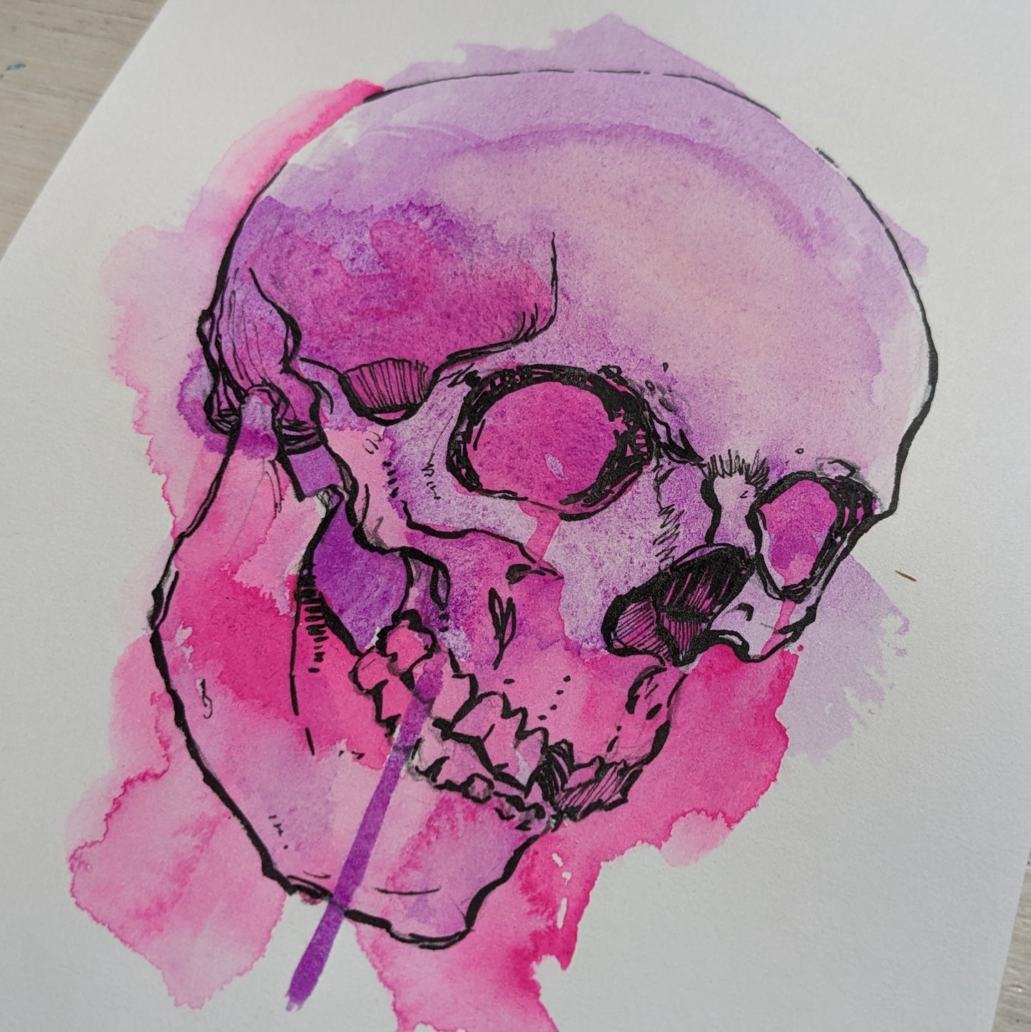 A5 Skull Purple/Pink Ink + Watercolour Original Artwork