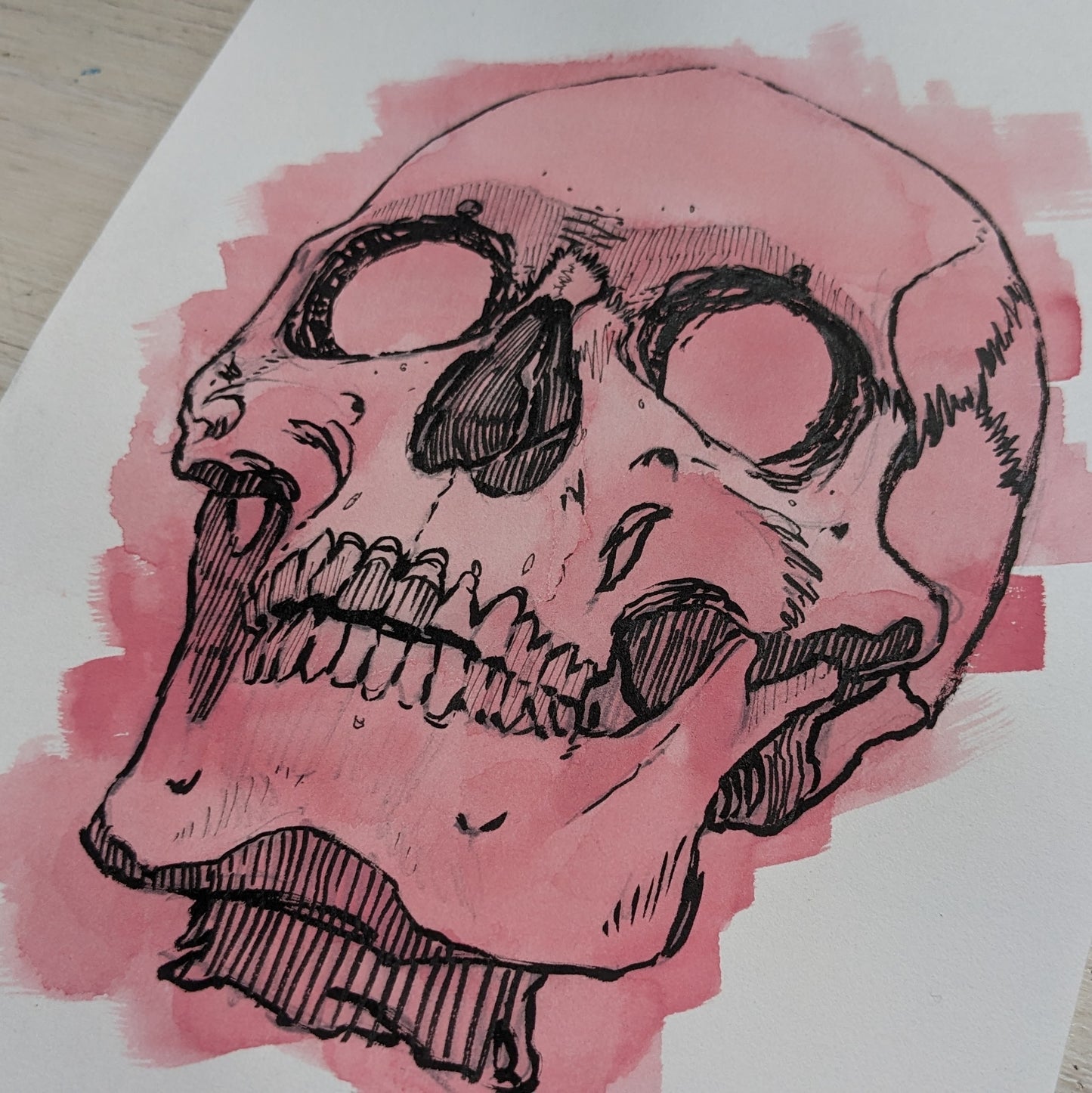 A5 Skull Pink Ink + Watercolour Original Artwork