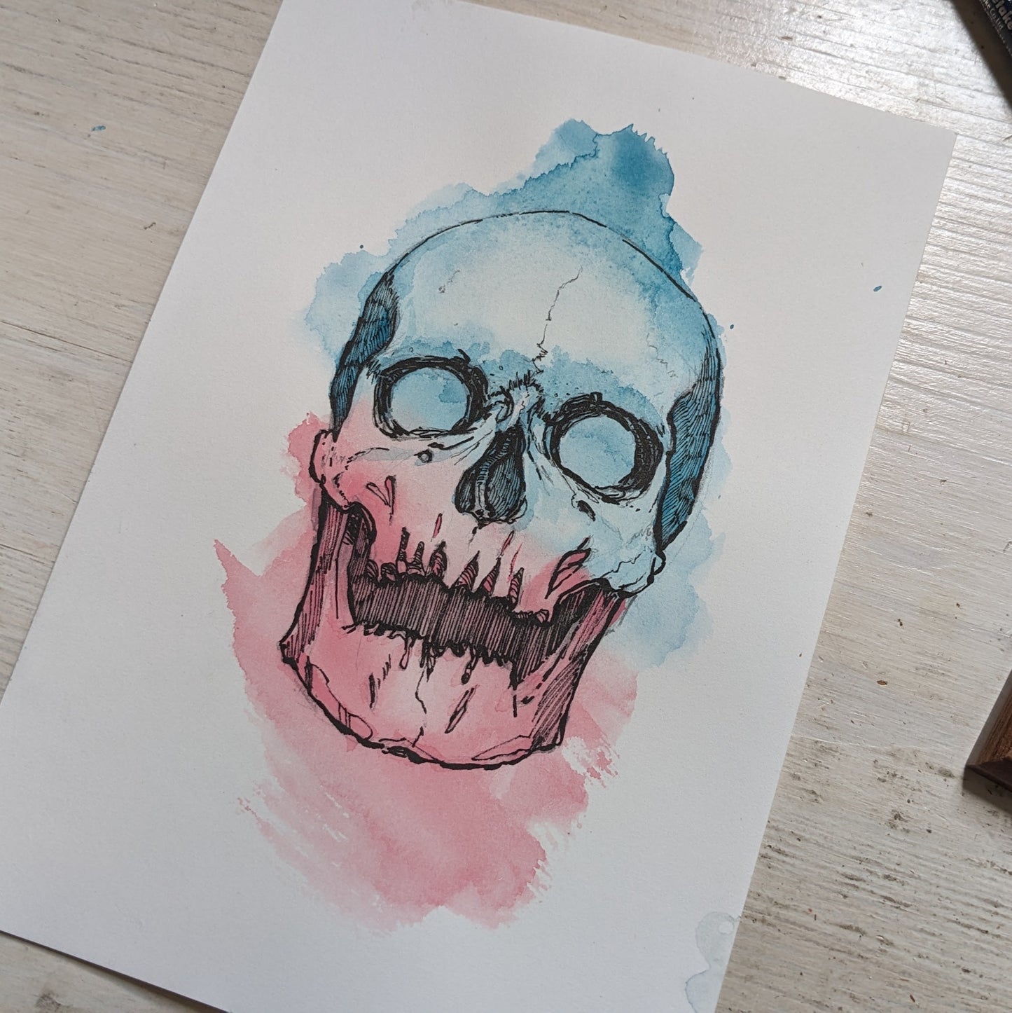 A5 Skull Turquoise/Pink Ink + Watercolour Original Artwork