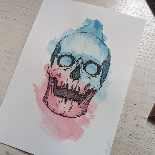 A5 Skull Turquoise/Pink Ink + Watercolour Original Artwork