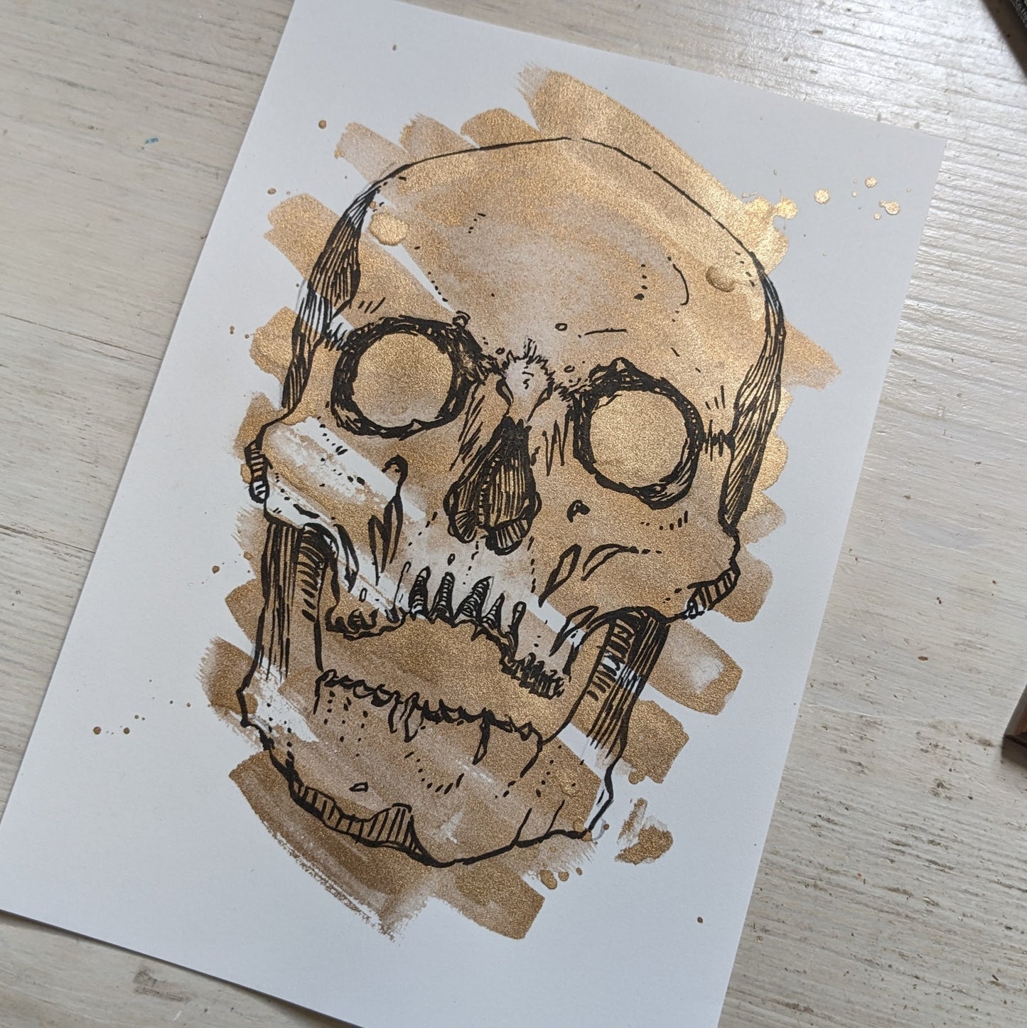 A5 Skull Gold Ink + Watercolour Original Artwork