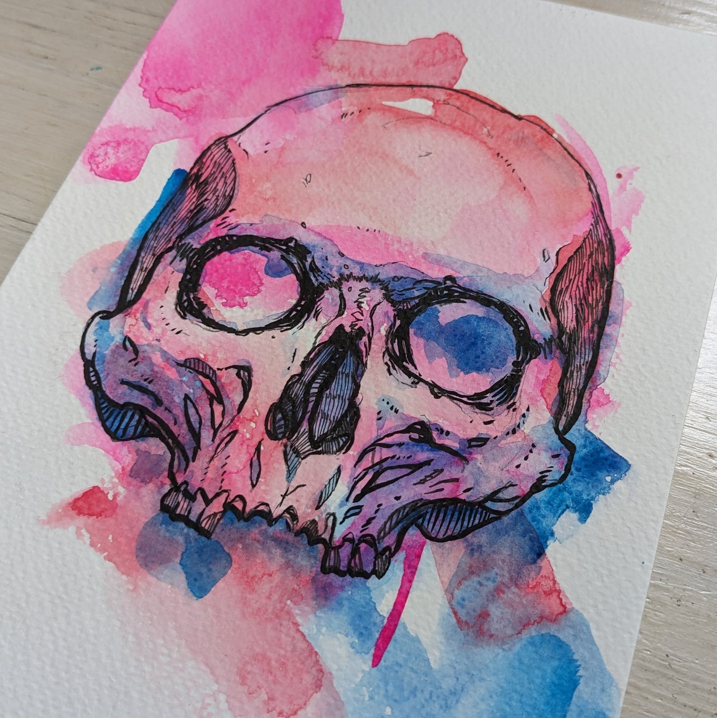 A5 Skull Blue/Red Ink + Watercolour Original Artwork