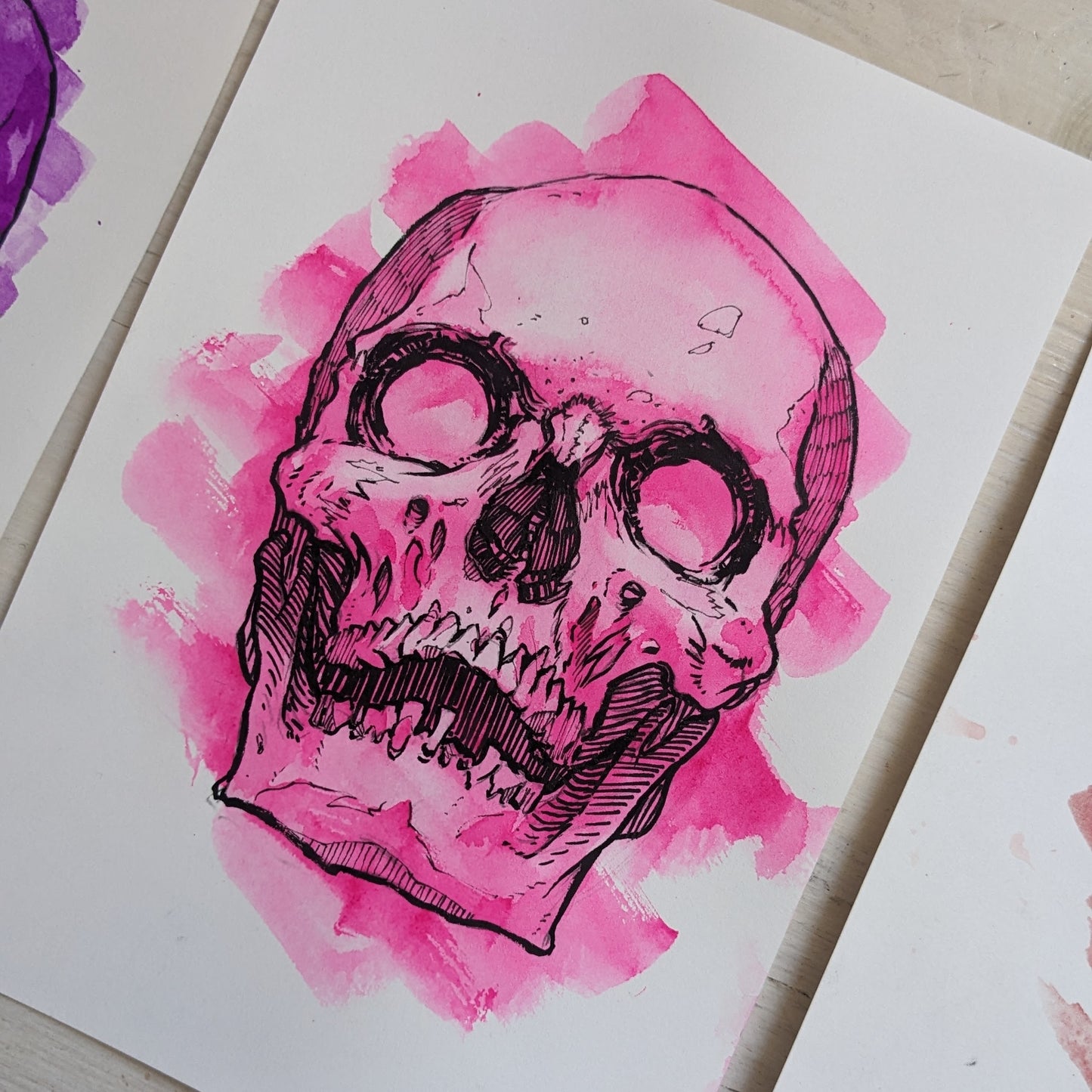 A5 Skull Pink Watercolour + Ink Original Artwork