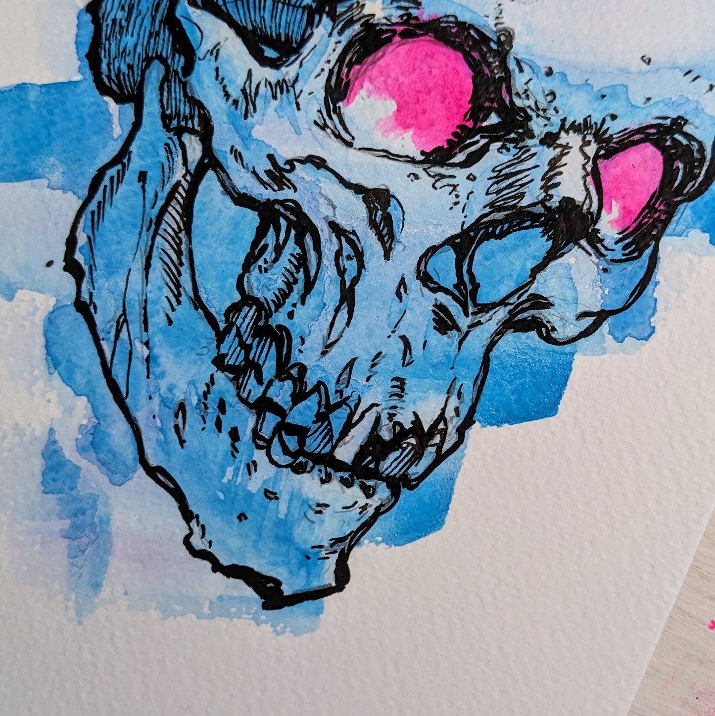 A5 Skull YiLi Blue Watercolour & Ink Original Artwork